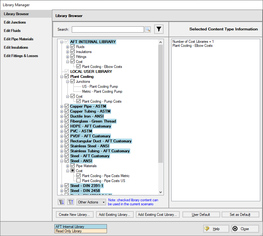 The Library Manager window with connected engineering and cost libraries.